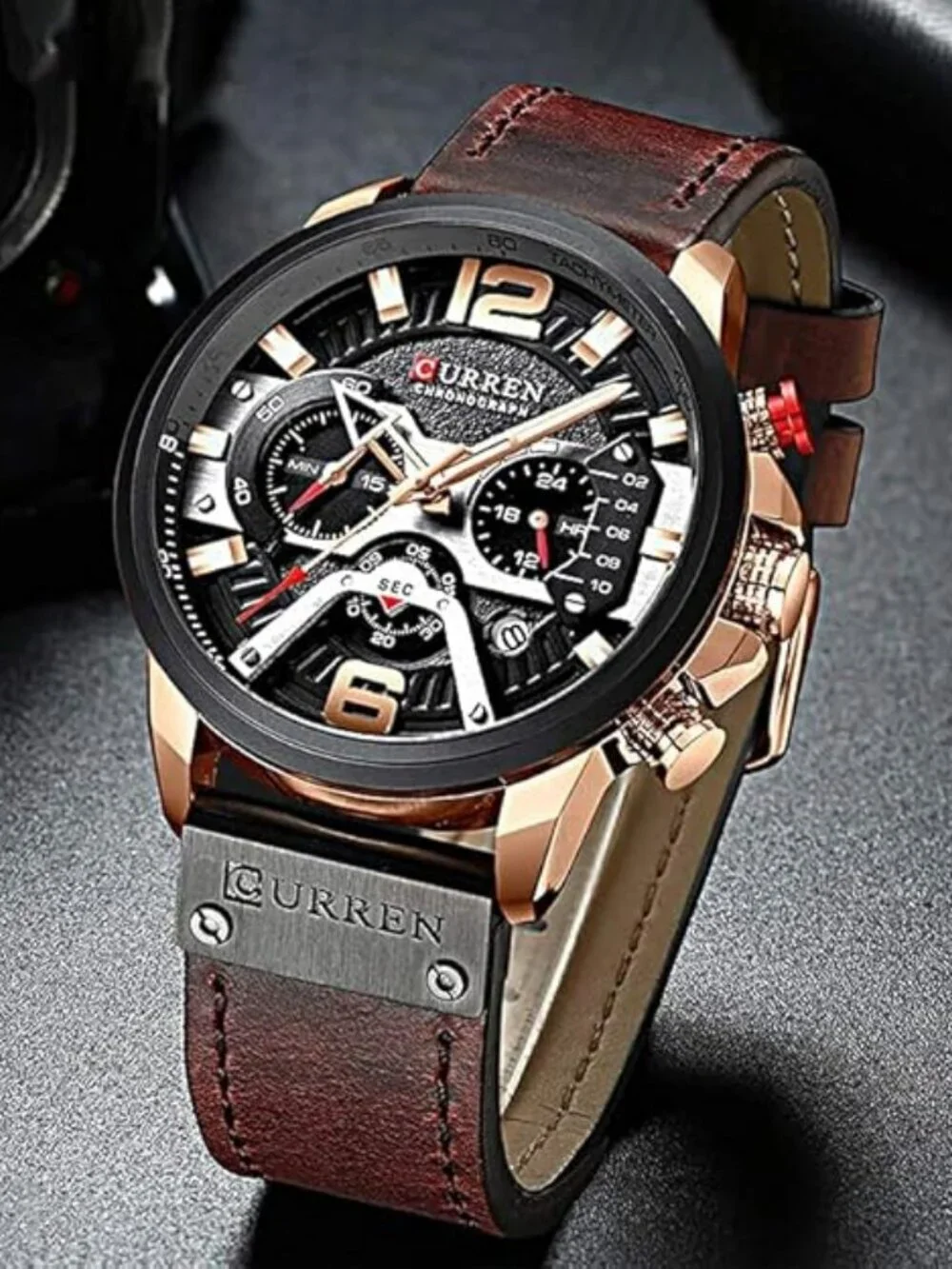 Men's Brown Rose Gold Analog Waterproof Leather Strap Chronograph Luxury Watch